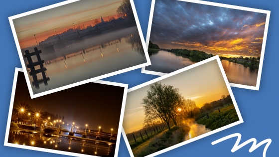 Collage: Oude Sluizen zonsopgang ©Paul Vanhaute / Zonsondergang Leie-eiland ©Paul Vanhaute / Nachtsluizen ©Johan Vandamme / Zonsopgang ©An Vanhaute