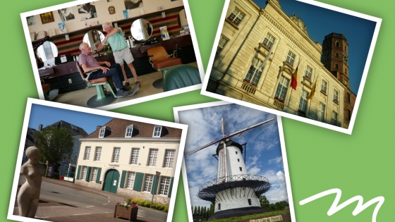 Collage: Molen ©Henri Defauw / Stadhuis ©Jacques Reberez / Schippershof ©Jacques Reberez / Bij de kapper ©Jan Vanhulle